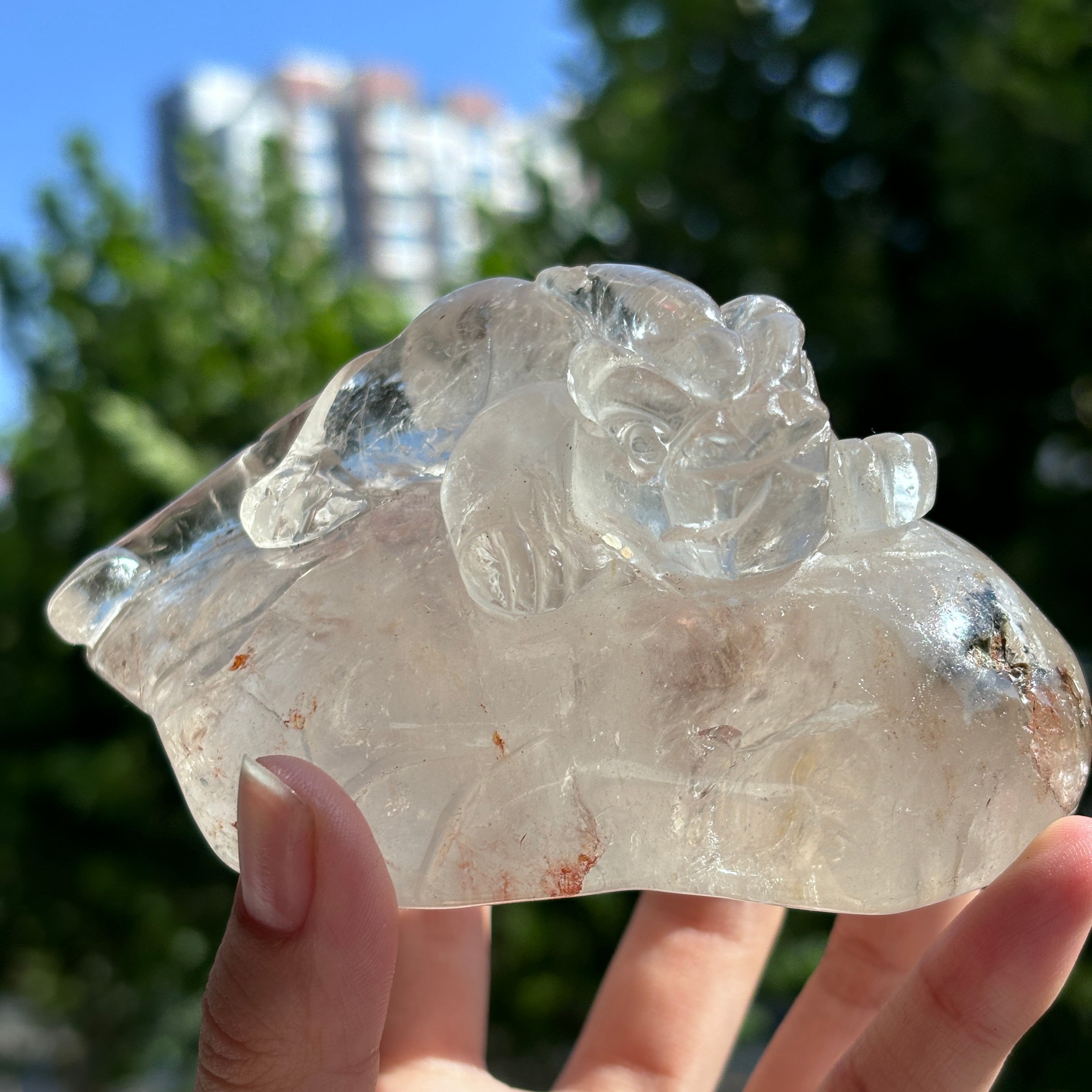 "Hand-Carved Clear Quartz Dragon Figurine | Unique Crystal Carving for Display"