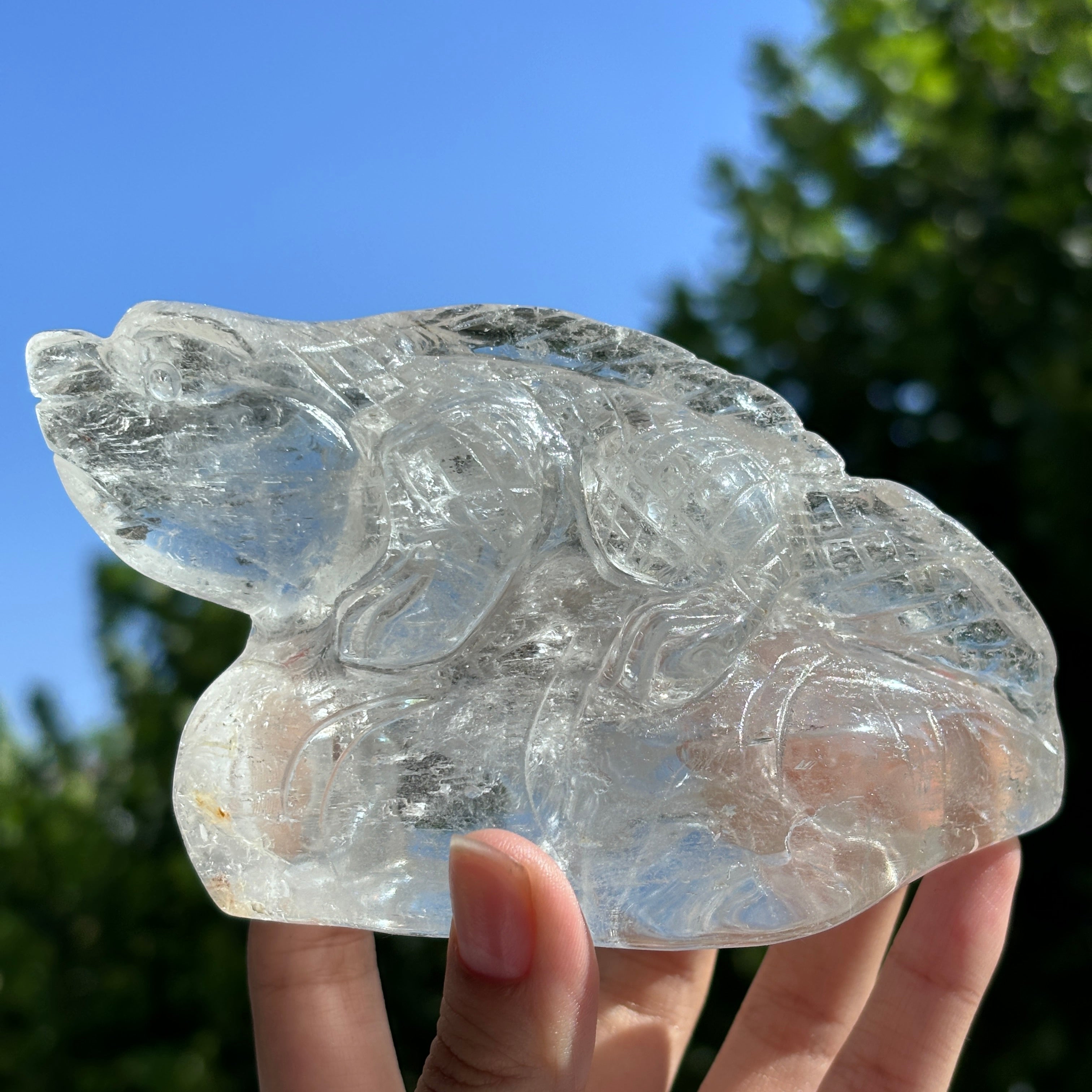 "Hand-Carved Clear Quartz Dragon Figurine | Unique Crystal Carving for Display"