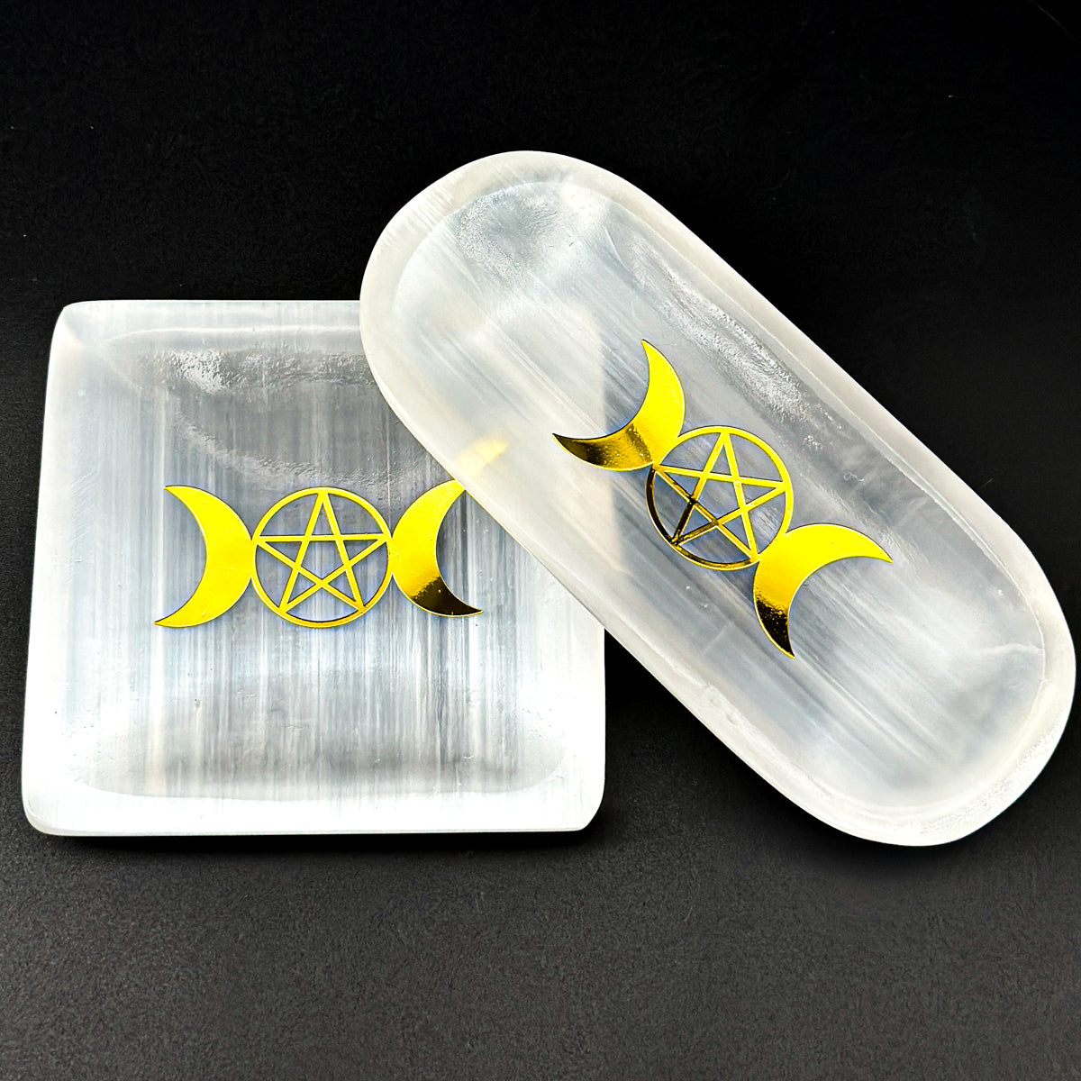 "Moon Phase Selenite  Plate with Pentacle | Crystal Cleansing Tool in Square and Oval Shapes"