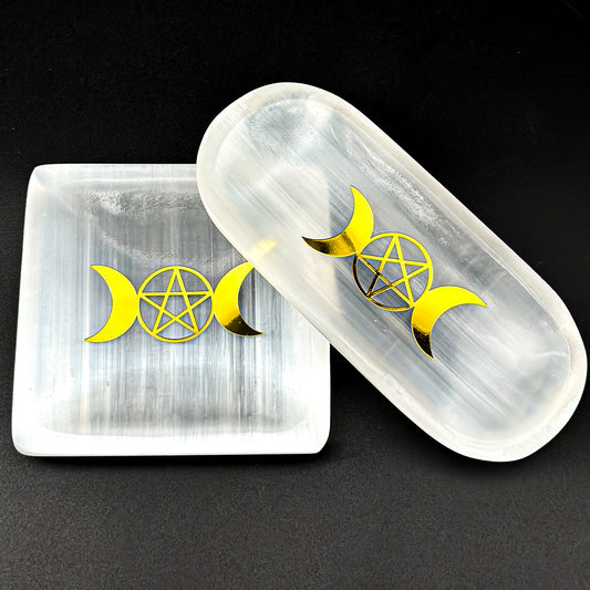 "Moon Phase Selenite  Plate with Pentacle | Crystal Cleansing Tool in Square and Oval Shapes"