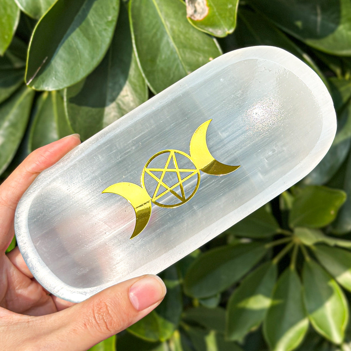 "Moon Phase Selenite  Plate with Pentacle | Crystal Cleansing Tool in Square and Oval Shapes"