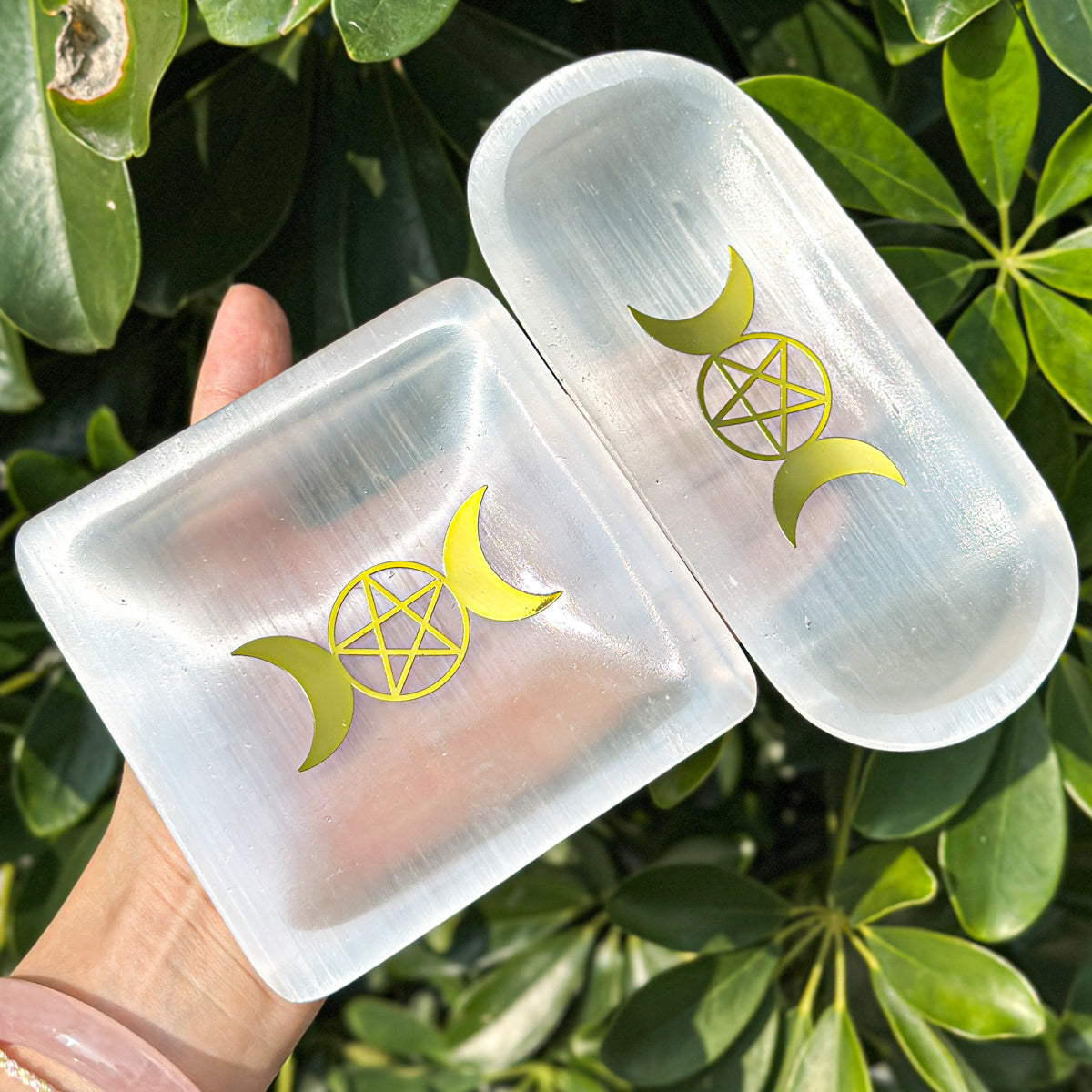 "Moon Phase Selenite  Plate with Pentacle | Crystal Cleansing Tool in Square and Oval Shapes"