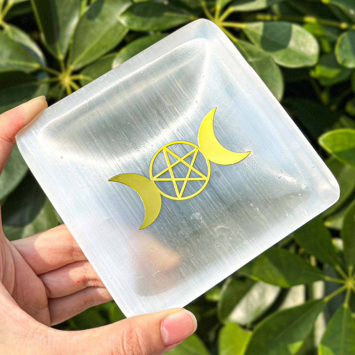 "Moon Phase Selenite  Plate with Pentacle | Crystal Cleansing Tool in Square and Oval Shapes"