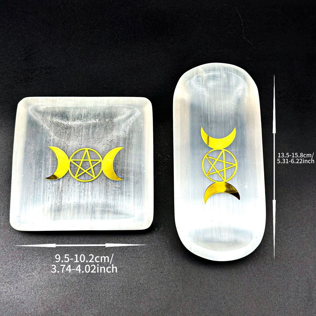 "Moon Phase Selenite  Plate with Pentacle | Crystal Cleansing Tool in Square and Oval Shapes"