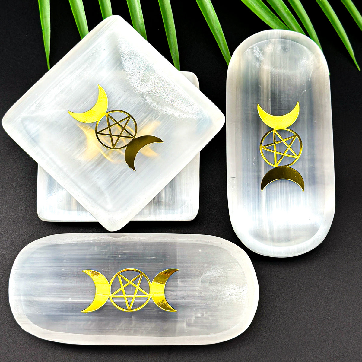 "Moon Phase Selenite  Plate with Pentacle | Crystal Cleansing Tool in Square and Oval Shapes"
