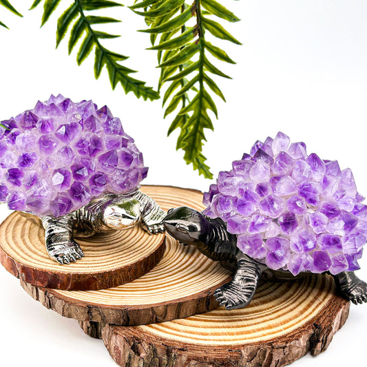 “Amethyst Turtle - Handcrafted Metal and Gemstone Sculpture for Home Decoration, Width 8 cm Length 11.5 cm”