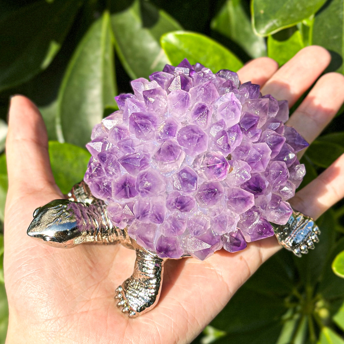 “Amethyst Turtle - Handcrafted Metal and Gemstone Sculpture for Home Decoration, Width 8 cm Length 11.5 cm”