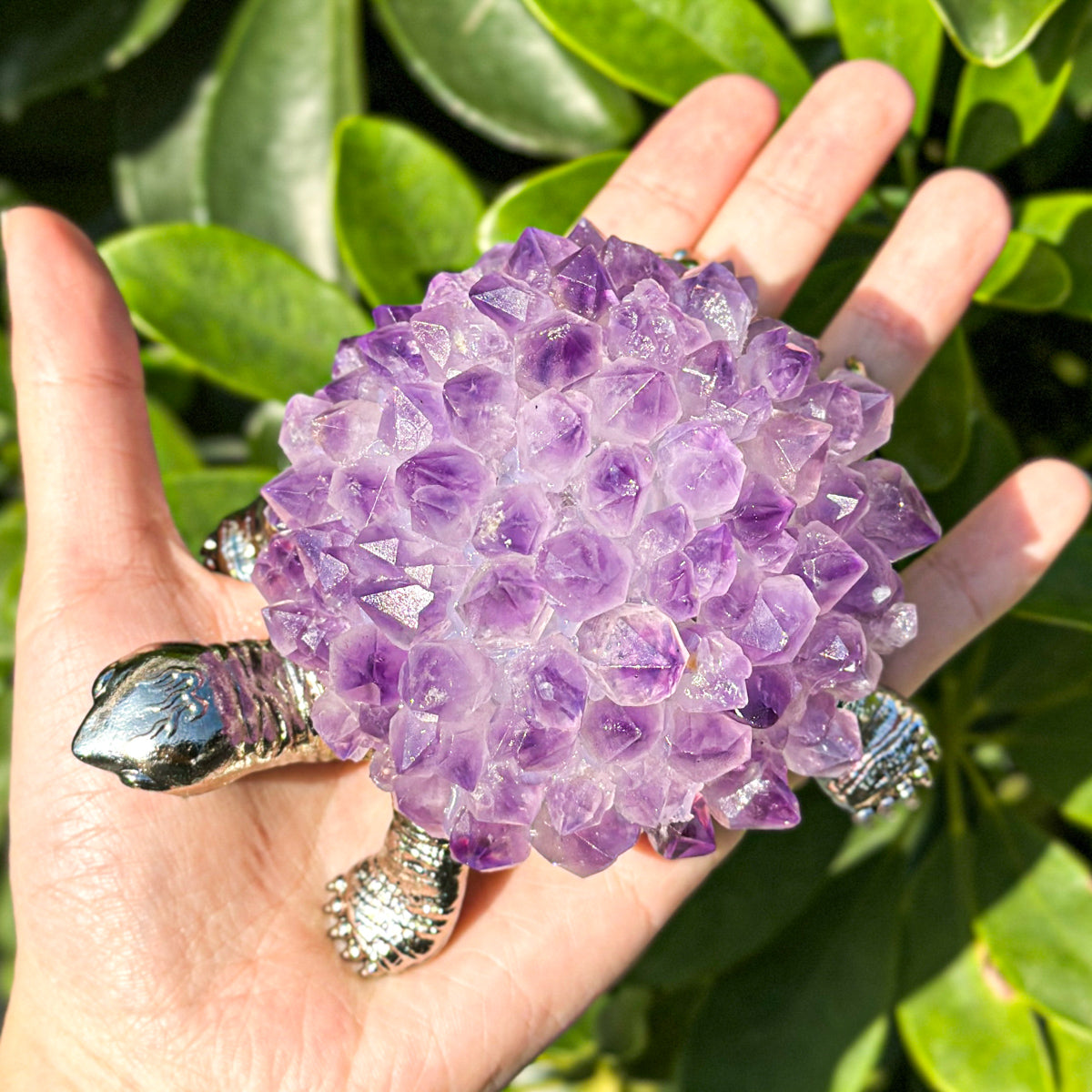 “Amethyst Turtle - Handcrafted Metal and Gemstone Sculpture for Home Decoration, Width 8 cm Length 11.5 cm”