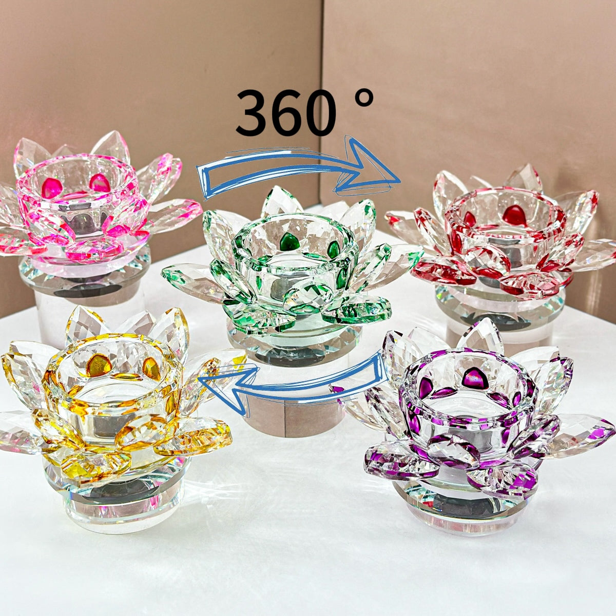 "360° Rotating Crystal Lotus Candle Holders – Multicolor Decorative Centerpieces"