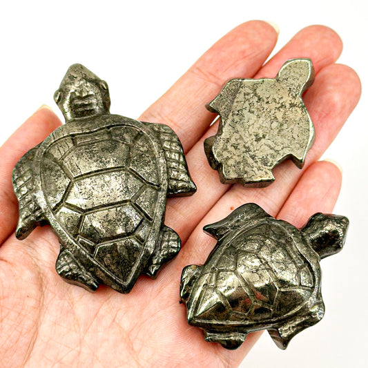 "Set of Three Handcrafted pyrite Turtle Figurines - Nature Style Mini Turtles"