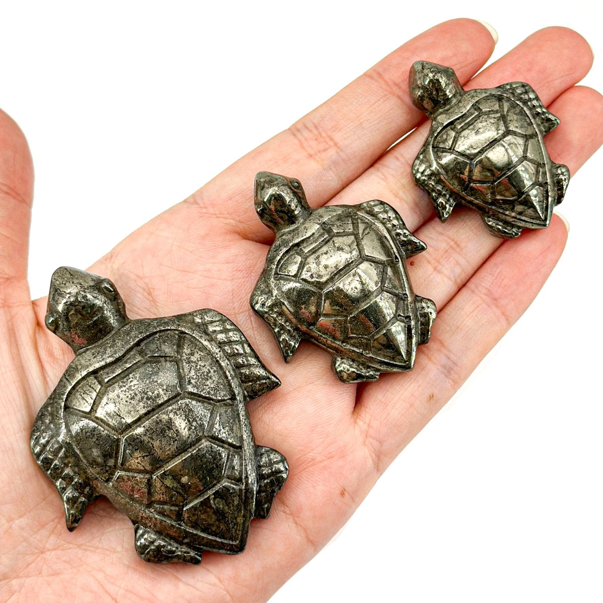 "Set of Three Handcrafted pyrite Turtle Figurines - Nature Style Mini Turtles"