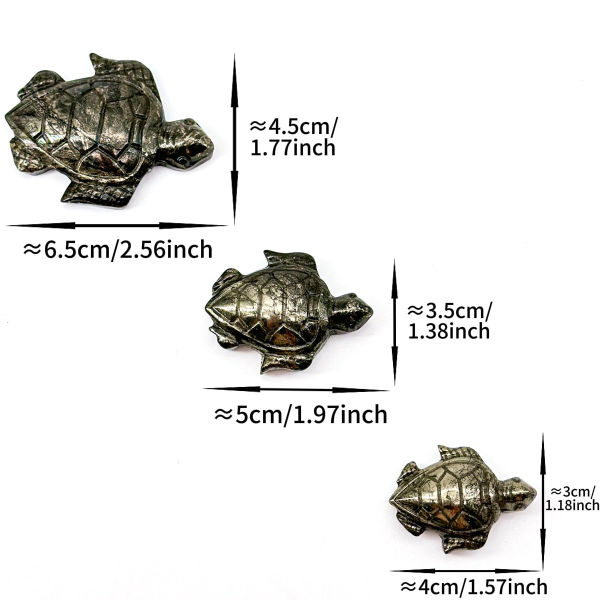 "Set of Three Handcrafted pyrite Turtle Figurines - Nature Style Mini Turtles"