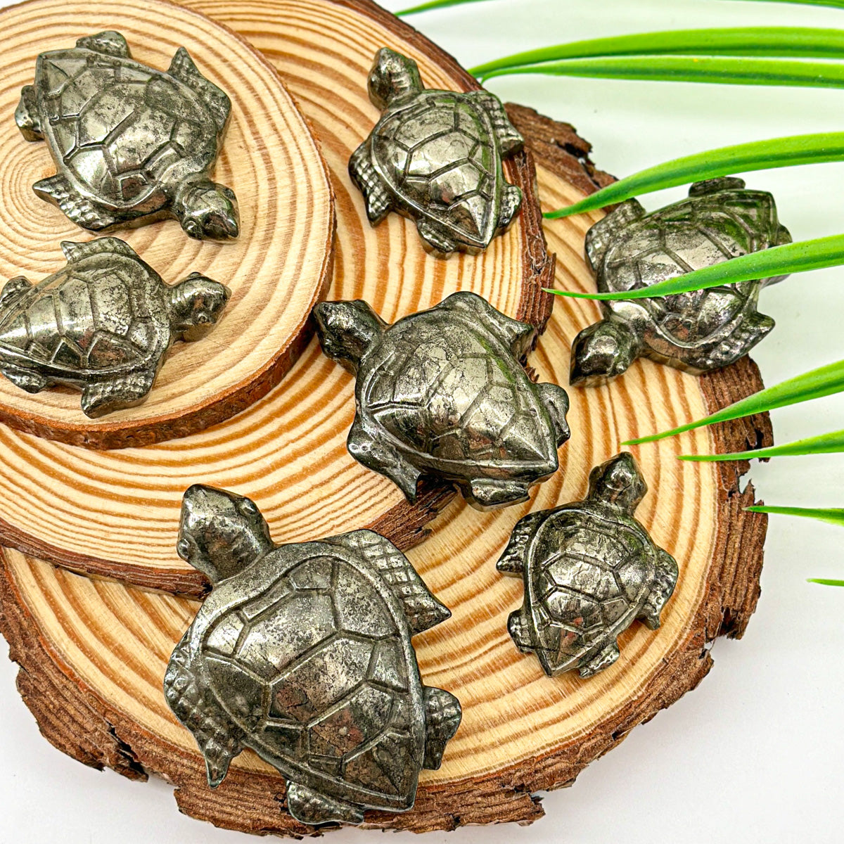 "Set of Three Handcrafted pyrite Turtle Figurines - Nature Style Mini Turtles"