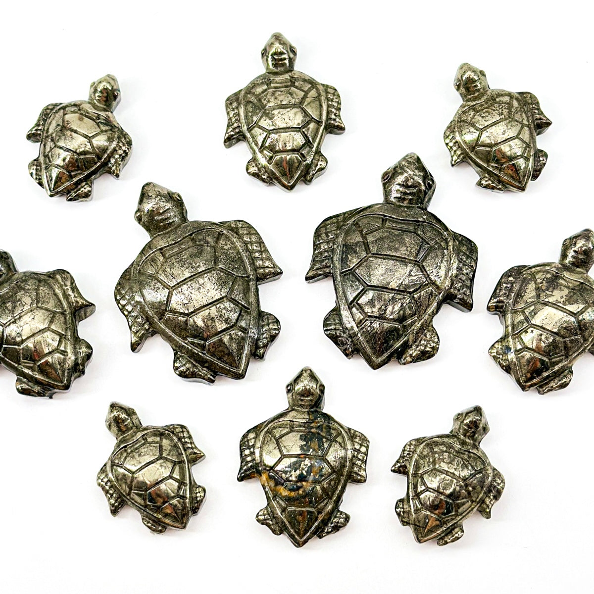 "Set of Three Handcrafted pyrite Turtle Figurines - Nature Style Mini Turtles"