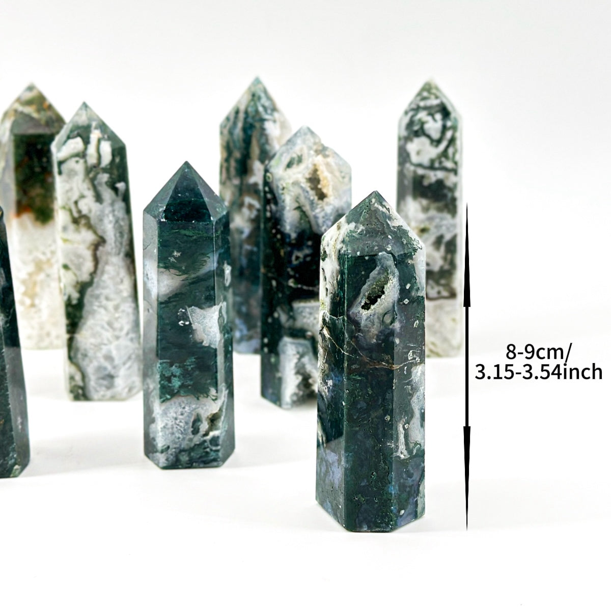 1 count "Natural Moss Agate Tower - 8-9cm Polished Gemstone Point for Healing & Home Decor"