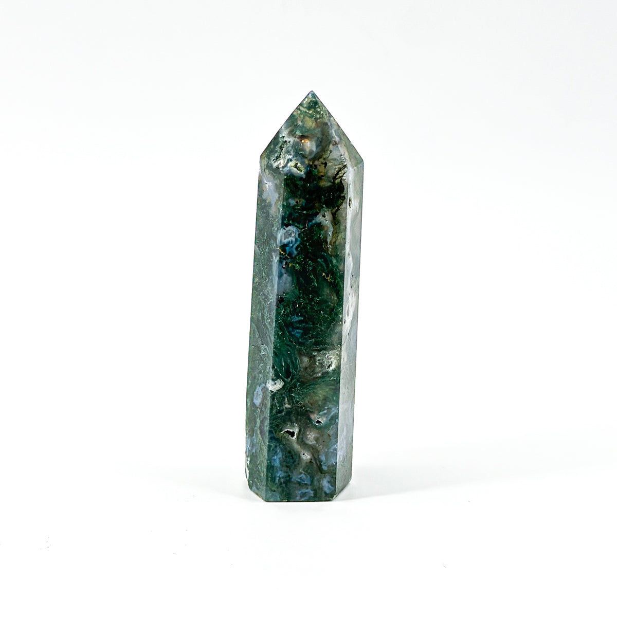 1 count "Natural Moss Agate Tower - 8-9cm Polished Gemstone Point for Healing & Home Decor"