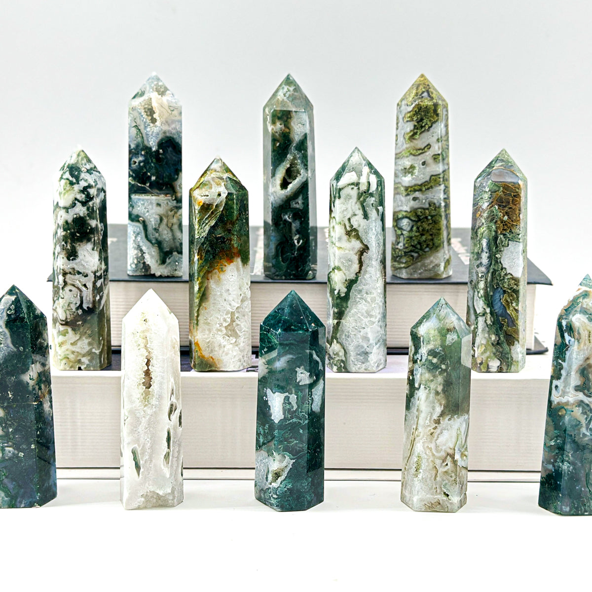 1 count "Natural Moss Agate Tower - 8-9cm Polished Gemstone Point for Healing & Home Decor"