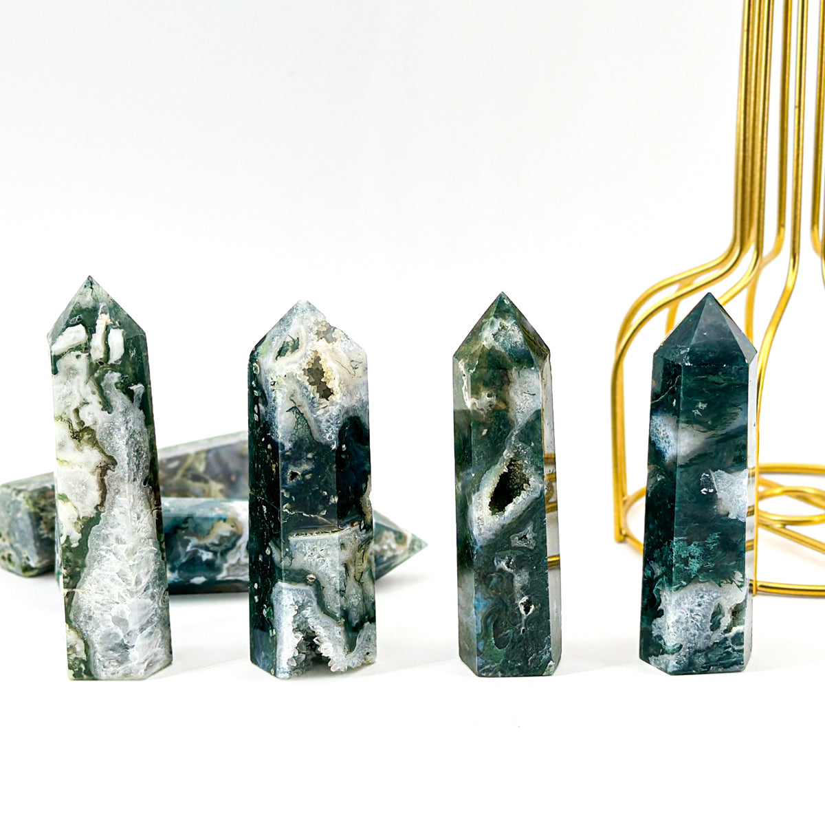 1 count "Natural Moss Agate Tower - 8-9cm Polished Gemstone Point for Healing & Home Decor"