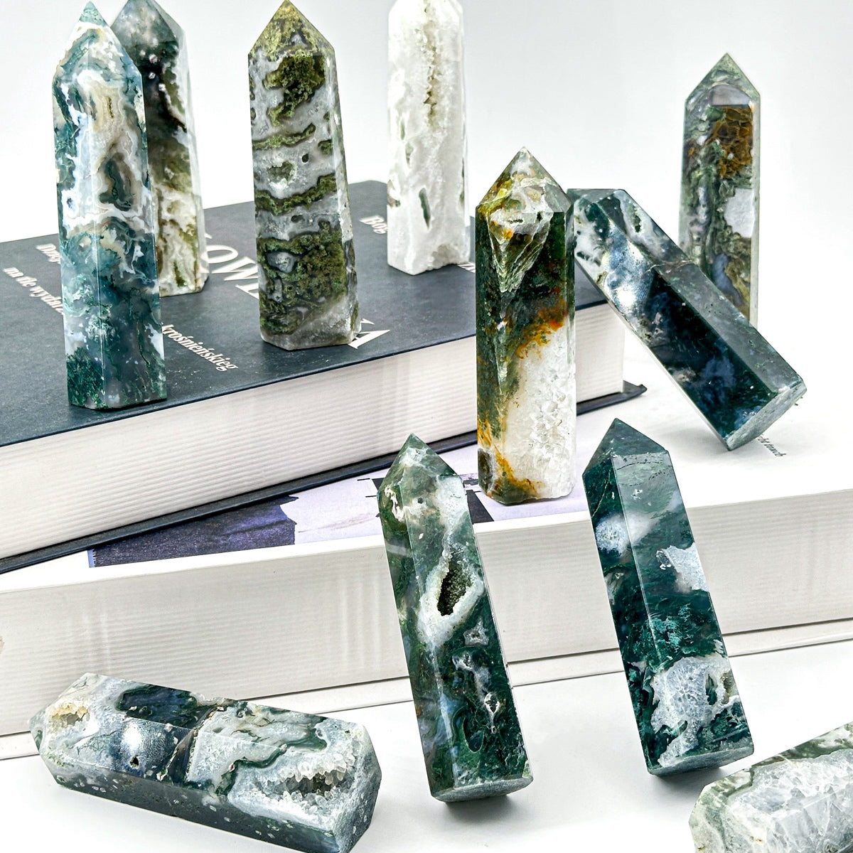 1 count "Natural Moss Agate Tower - 8-9cm Polished Gemstone Point for Healing & Home Decor"