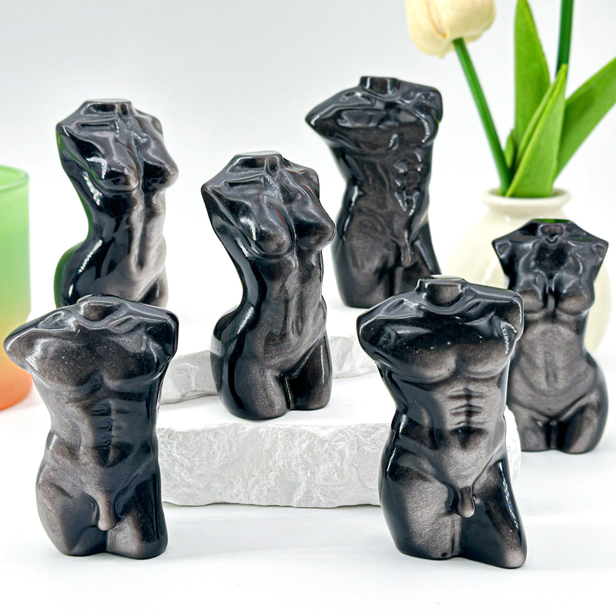 "Hand-Carved Gemstone Torso Sculptures - Male & Female Body Art Statues, 7.3-8cm Elegant Crystal Decor"