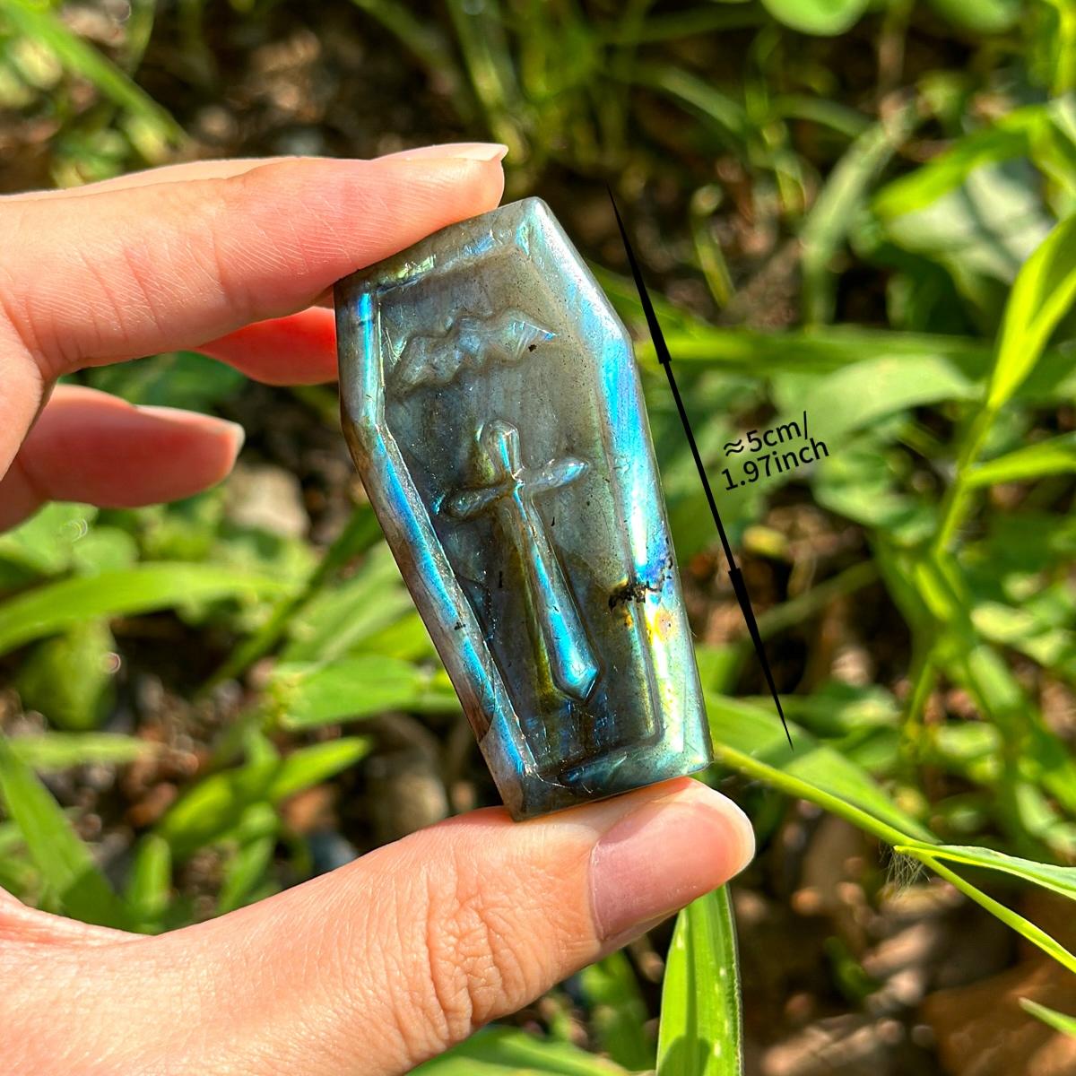 Hand-Carved Labradorite Coffin with Sword Design - Iridescent Crystal Decor for TikTok, Healing, and Collectibles