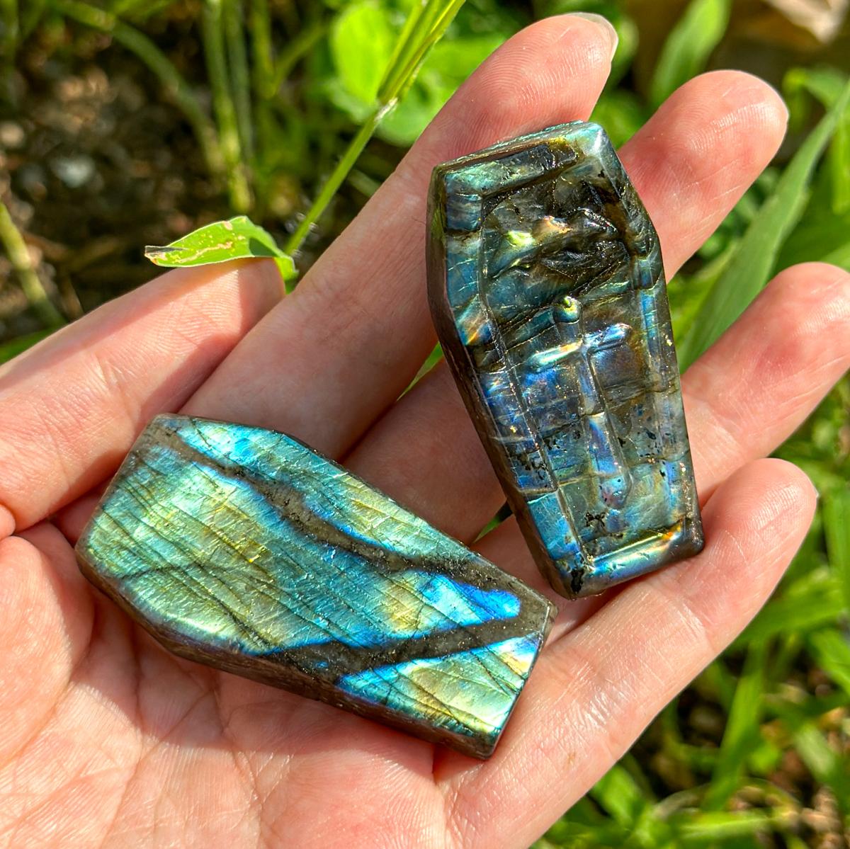 Hand-Carved Labradorite Coffin with Sword Design - Iridescent Crystal Decor for TikTok, Healing, and Collectibles