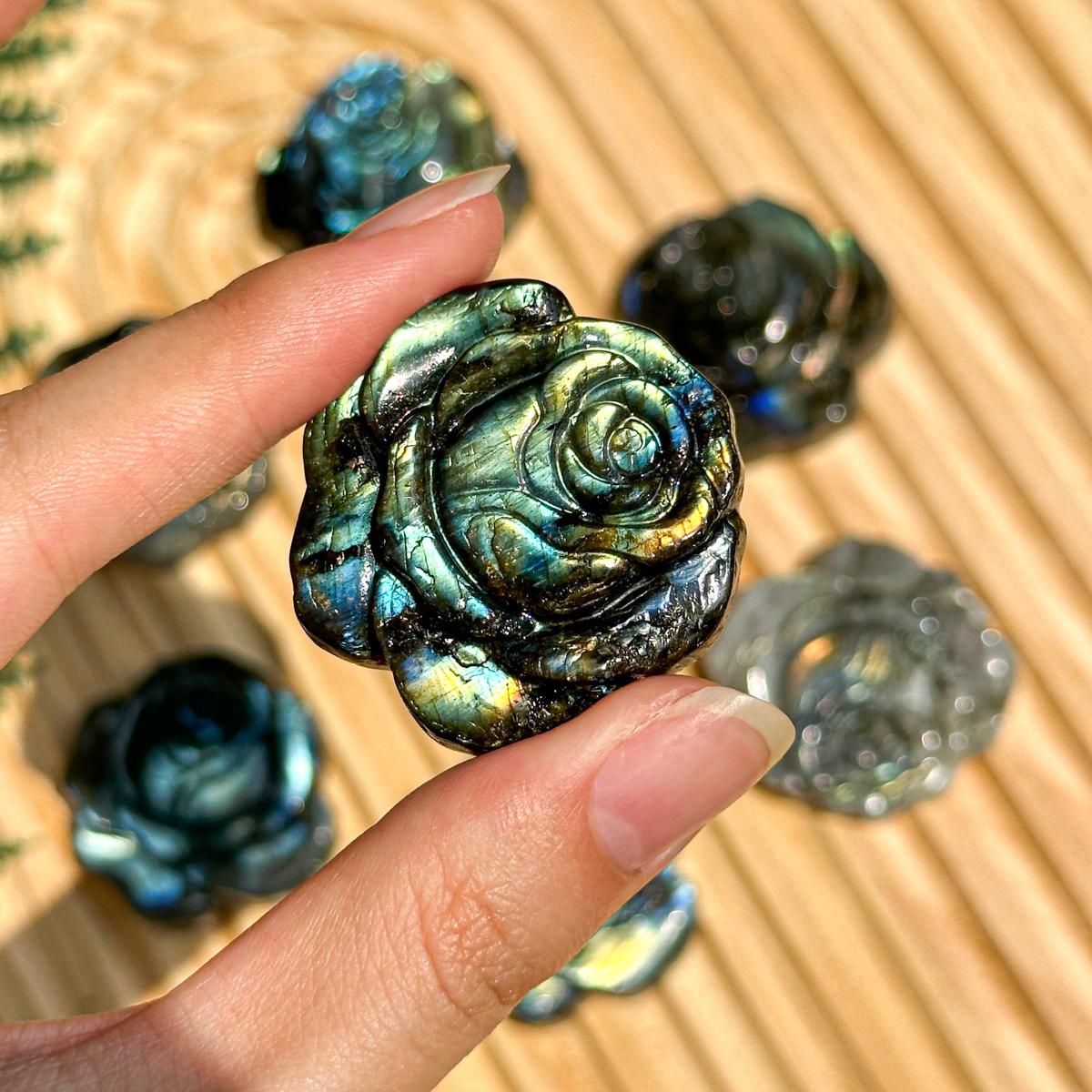 Hand-Carved Labradorite Rose Figurines - Iridescent Crystal Roses for TikTok Decor, Healing, and Gifts