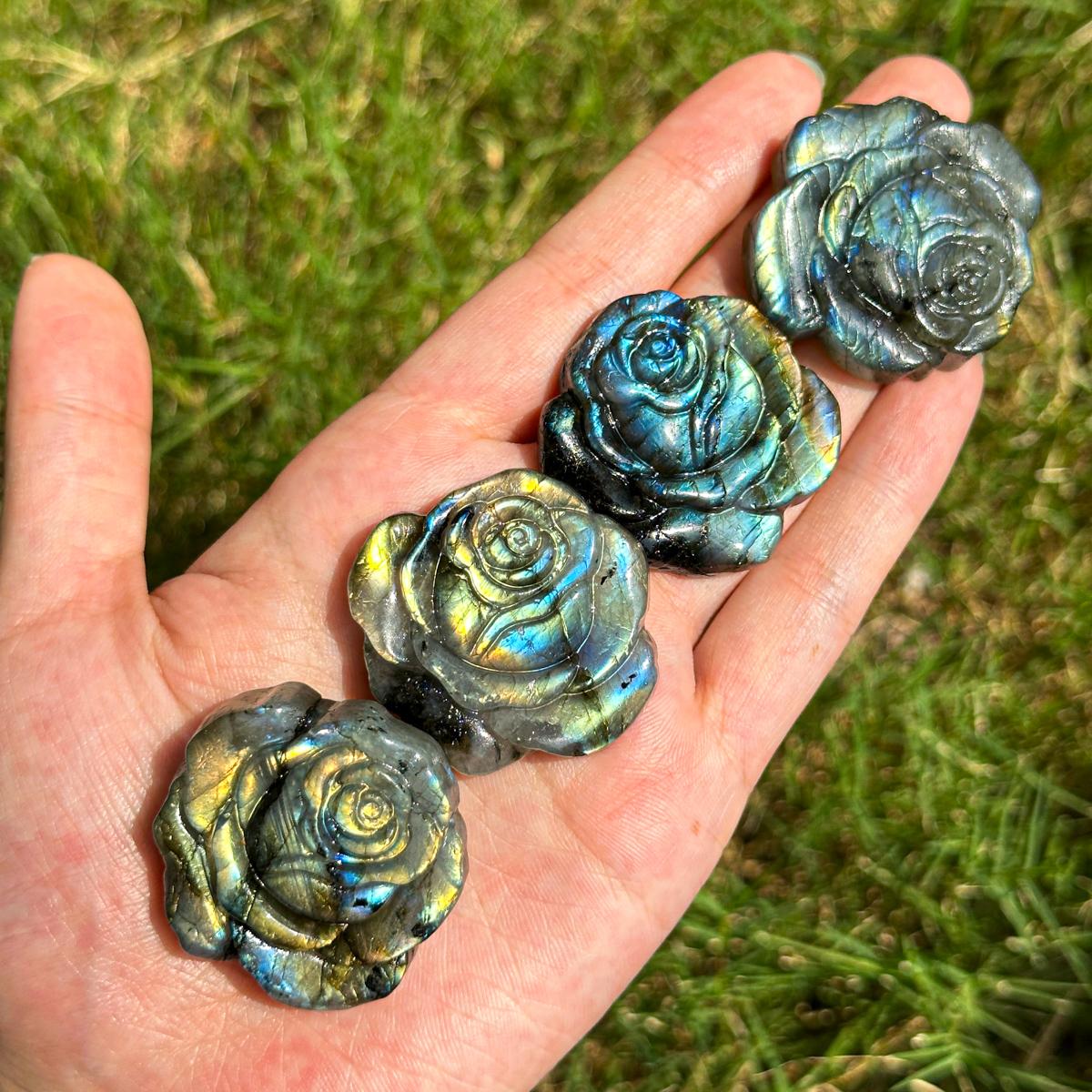 Hand-Carved Labradorite Rose Figurines - Iridescent Crystal Roses for TikTok Decor, Healing, and Gifts
