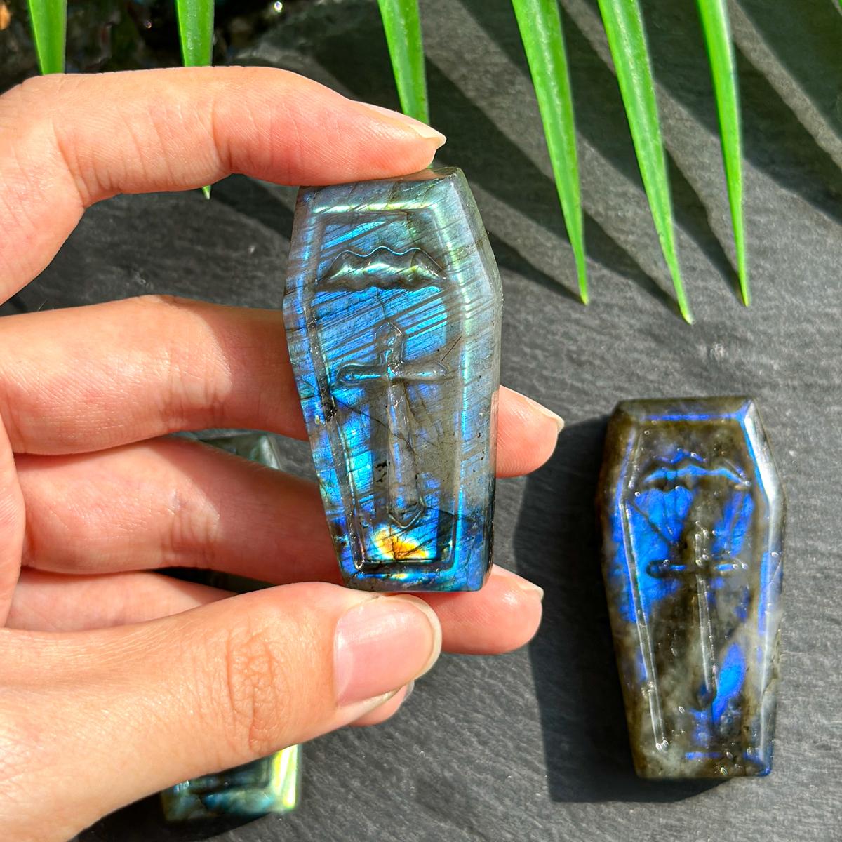 Hand-Carved Labradorite Coffin with Sword Design - Iridescent Crystal Decor for TikTok, Healing, and Collectibles