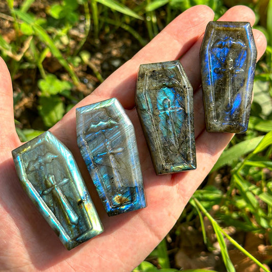 Hand-Carved Labradorite Coffin with Sword Design - Iridescent Crystal Decor for TikTok, Healing, and Collectibles