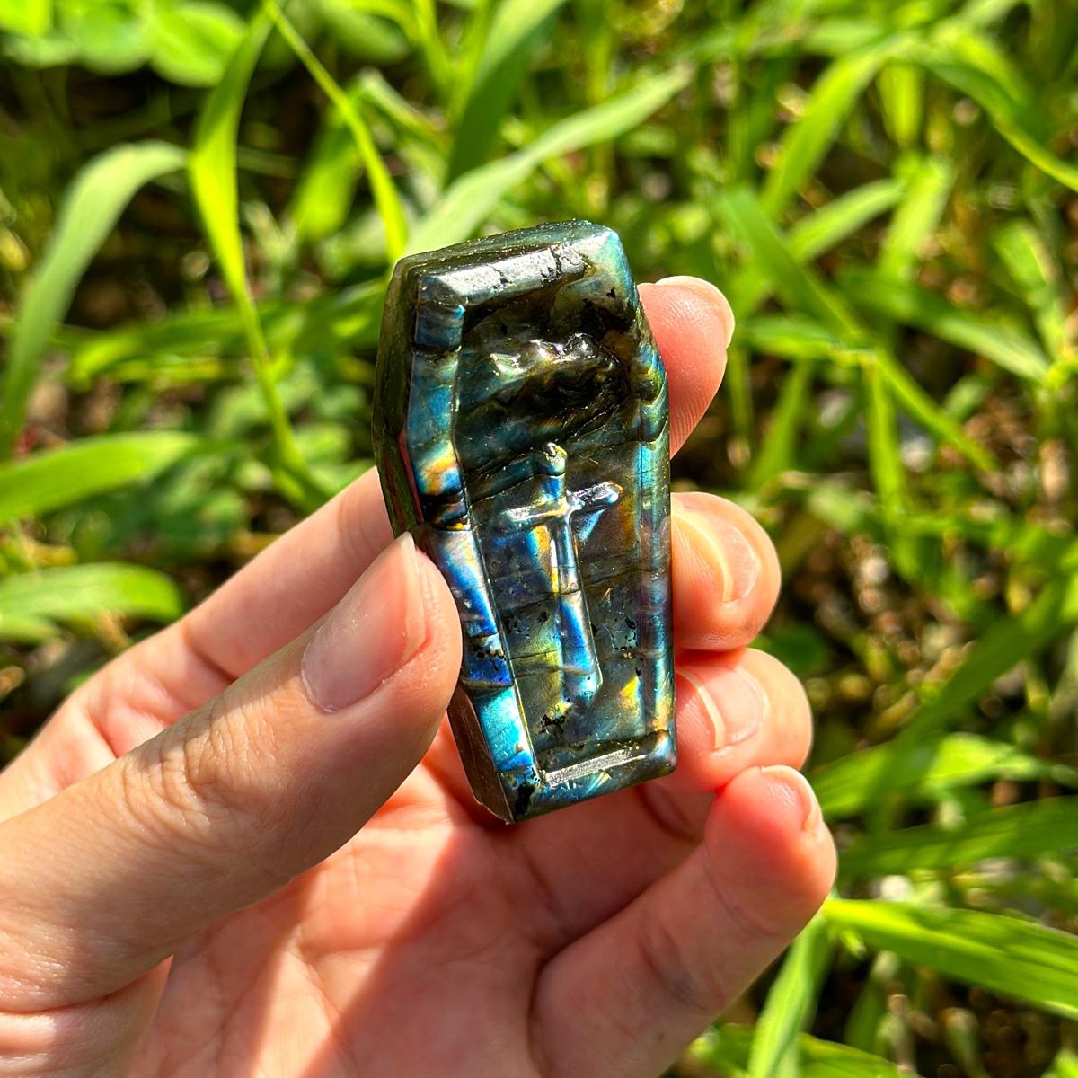 Hand-Carved Labradorite Coffin with Sword Design - Iridescent Crystal Decor for TikTok, Healing, and Collectibles