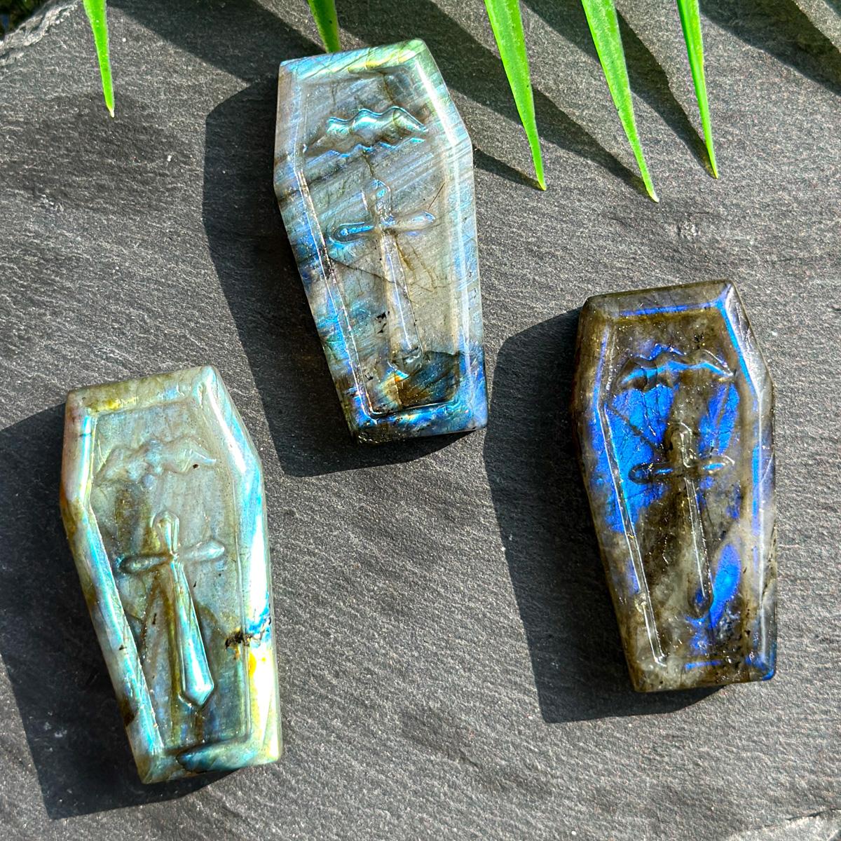 Hand-Carved Labradorite Coffin with Sword Design - Iridescent Crystal Decor for TikTok, Healing, and Collectibles