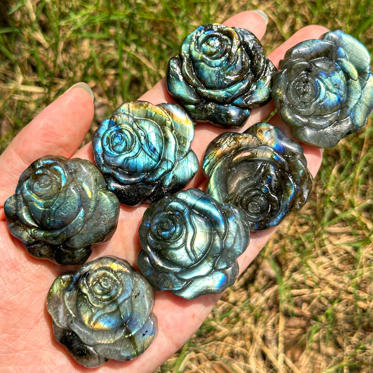 Hand-Carved Labradorite Rose Figurines - Iridescent Crystal Roses for TikTok Decor, Healing, and Gifts