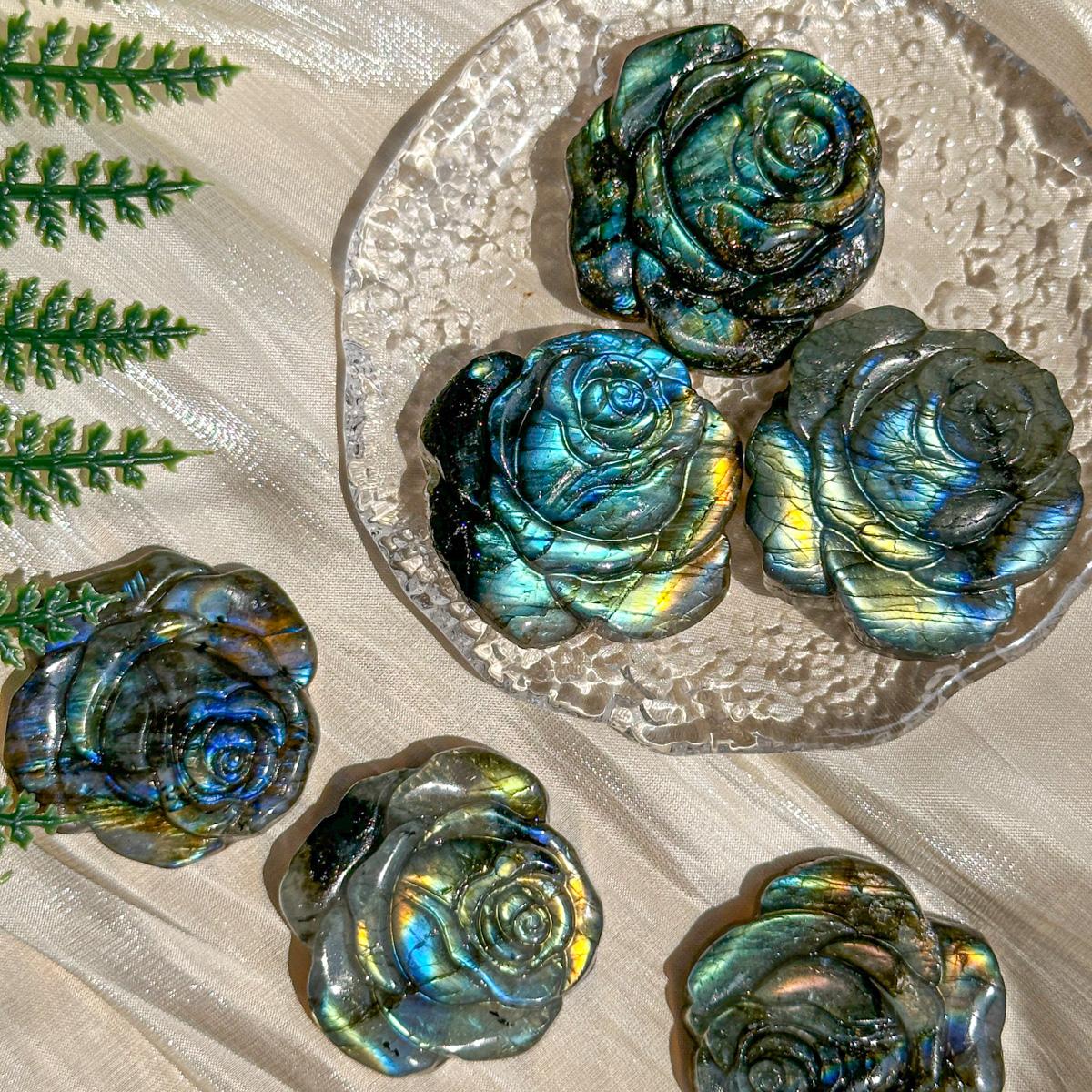Hand-Carved Labradorite Rose Figurines - Iridescent Crystal Roses for TikTok Decor, Healing, and Gifts